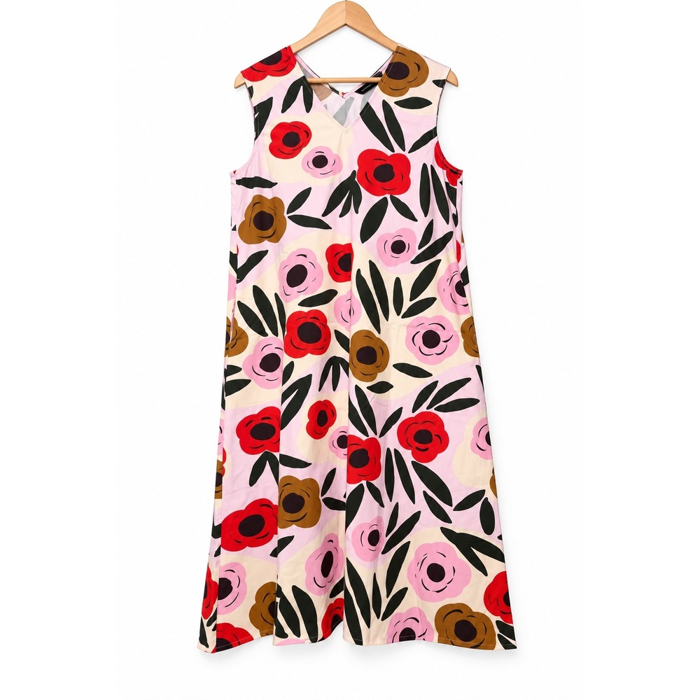 Marimekko x Uniqlo Ruukku Floral A-Line Midi Dress Lrg Pink Scandi Mod